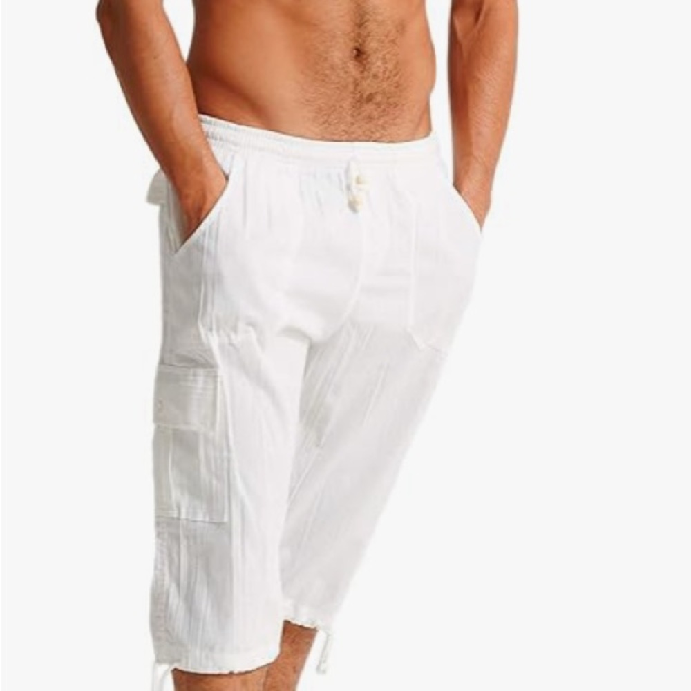 Mens White Cotton Beach Cargo Shorts Drawstring M 31-35